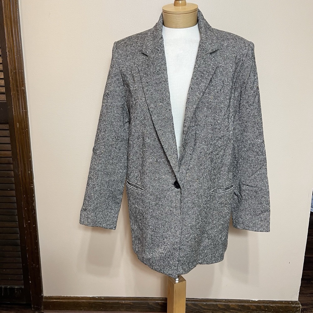VTG DUMAS Women Size 8 Button Up Long Sleeve Blazer Wool Black Tweed Pockets‎